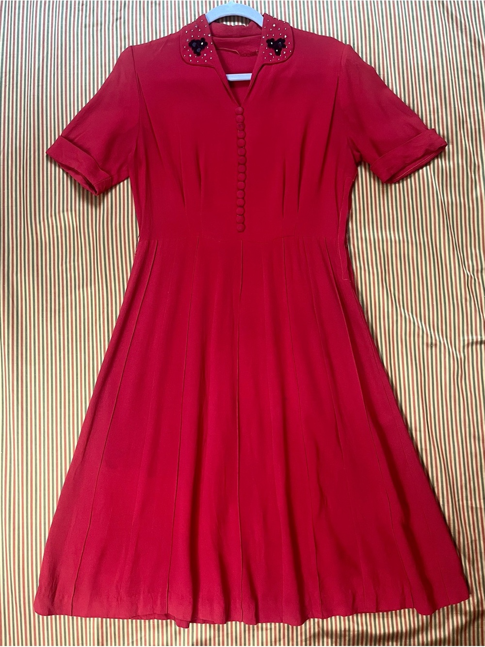 Vintage 1930s Red Crepe Dress Embellished Collar Button Front AS IS